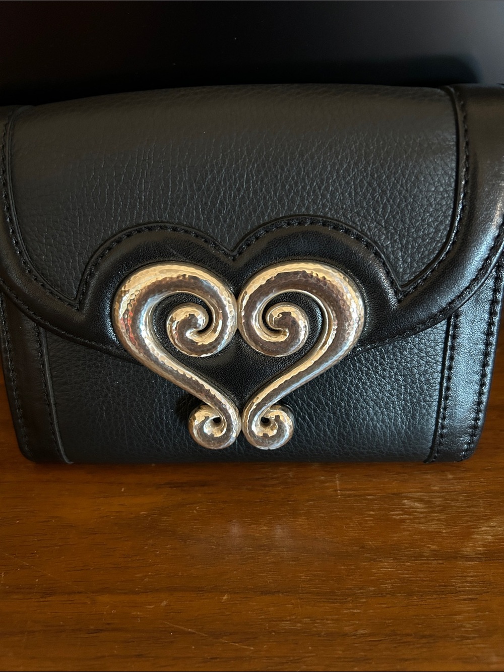 Black Leather Women's Small Bag with Decorative Silver Heart Accent. 0088